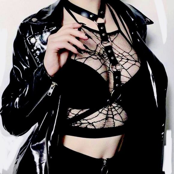 Black Leather Choker Chest Harness Silver O-Rings Adjustable Harness Belt - NEW main image 5